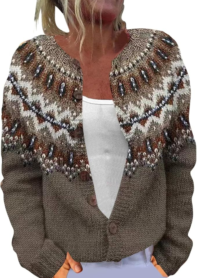 Women's Fair Isle Cardigan Sweater Vintage Button Knitted Jacket Icelandic Nordic Coat Colorful B... | Amazon (US)