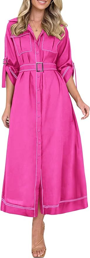 PRETTYGARDEN Womens Maxi Shirt Dress Casual 3/4 Sleeve Button Down Lapel V Neck A Line Belted Lon... | Amazon (US)