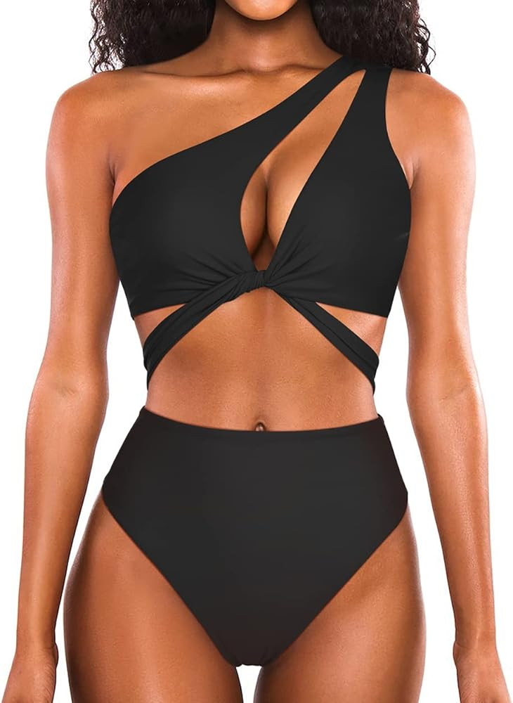 OMKAGI Women One Shoulder Cutout High Waisted Bikini Set Crisscross 2 Piece Swimsuit Bathing Suit | Amazon (US)