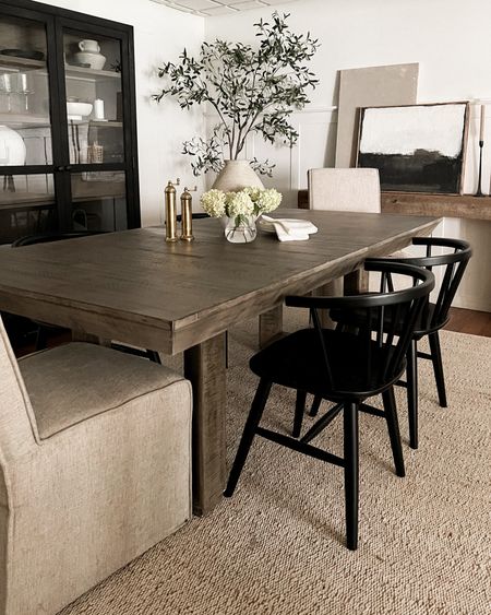 neutral spring dining room 

black cabinet. Curio cabinet. Black dining chairs. Beam console table. Console. Dining room. Jute rug. Neutral rug. Spring decor. Olive tree  

#LTKstyletip #LTKhome #LTKsalealert