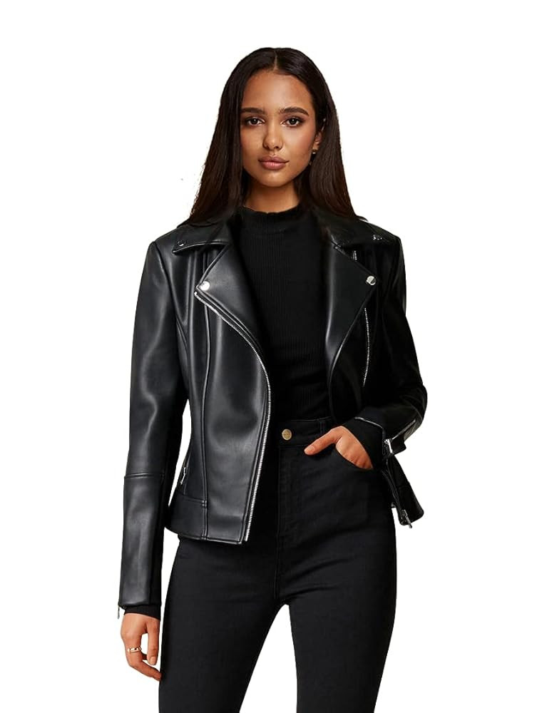 Womens Faux Leather Motorcycle Jackets Classical Black PU Slim Short Biker Coats | Amazon (US)