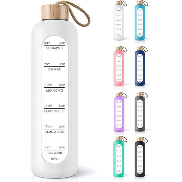 AQULEA 32 Oz Borosilicate Glass Water Bottle with Times to Drink - Wide Mouth BPA Free Glass Motivat | Amazon (US)