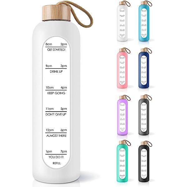 AQULEA 32 Oz Borosilicate Glass Water Bottle with Times to Drink - Wide Mouth BPA Free Glass Motivat | Amazon (US)