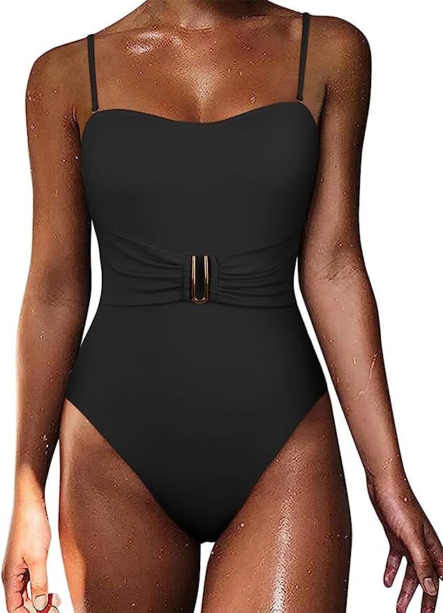 Hilor Women's Belted Tummy Control One Piece Swimsuit High Cut Slimming Monokini Bathing Suits | Amazon (US)