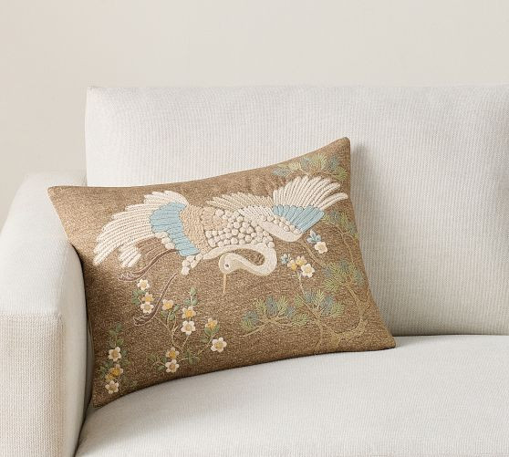 Crane Embroidered Lumbar Pillow