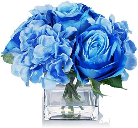 Enova Floral Small Blue Silk Fake Flowers with Vase, Mixed Rose and Hydrangea Artificial Floral Arra | Amazon (US)