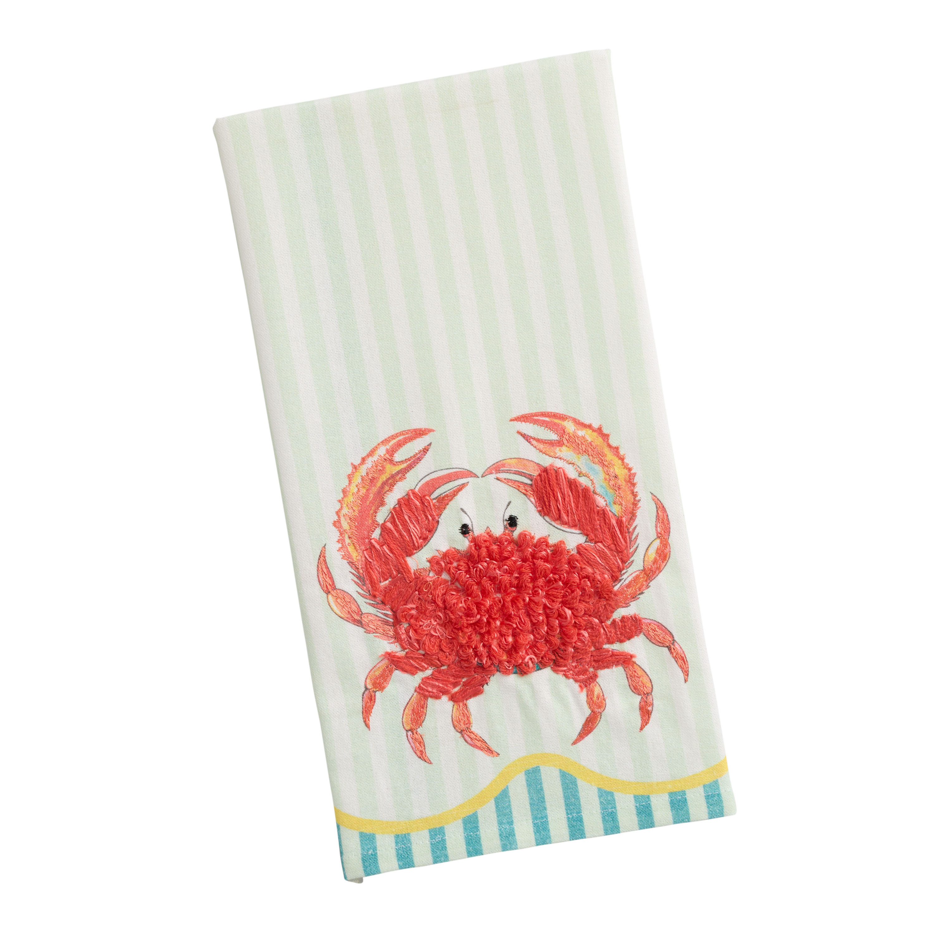 Green and Yellow Stripe Crab Embroidered Kitchen Towel | World Market