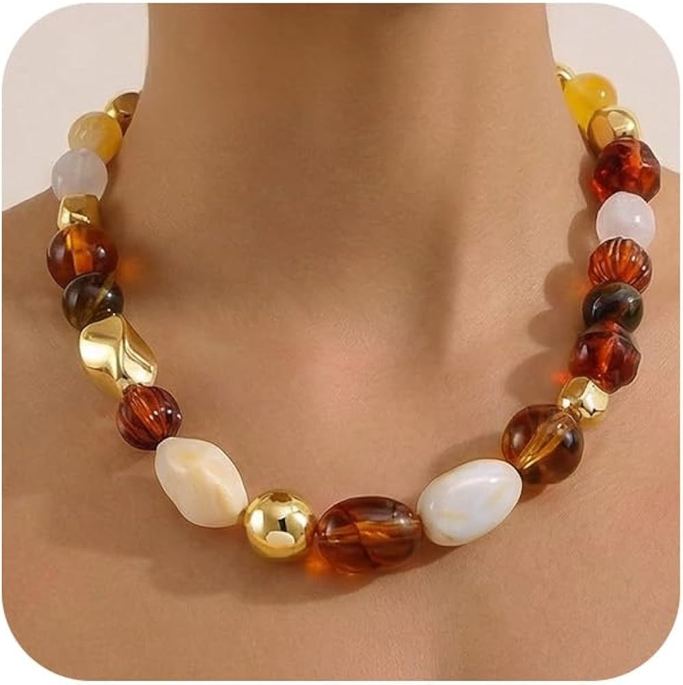 HUAYUNFANG Boho Brown Beads Choker Necklace for Women Trendy Irregular Resin Necklaces Rainbow Be... | Amazon (US)