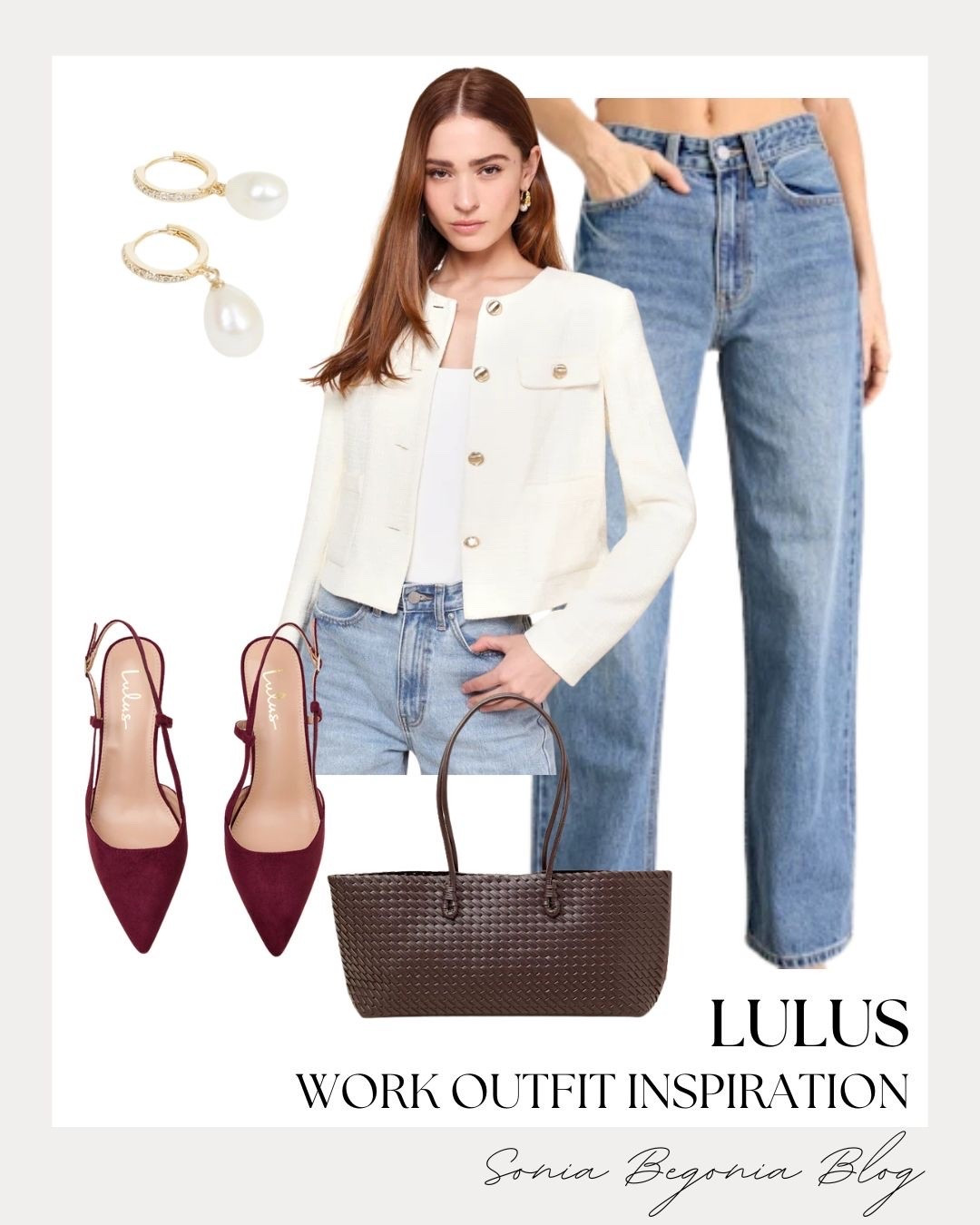 💼 Casual Friday done right. I am elevating a classic pair of wide-leg blue jeans with a structured white tweed jacket and elegant pearl drop earrings for a polished corporate look.

👠 Added a rich pop of color with deep burgundy slingbacks and a woven chocolate brown tote bag.

#WorkWearStyle #Lulus #CasualCorporate #OfficeOOTD #JeansAtWork #BusinessCasual #ChicOffice

#LTKootd #LTKWorkwear #LTKgrwm