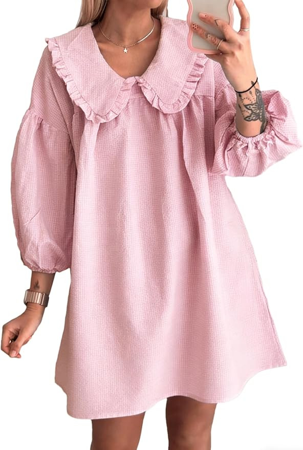 2026 Women's Babydoll 3/4 Puff Sleeve Plaid Mini Dress Lapel Doll Collar Loose Y2k Dress | Amazon (US)