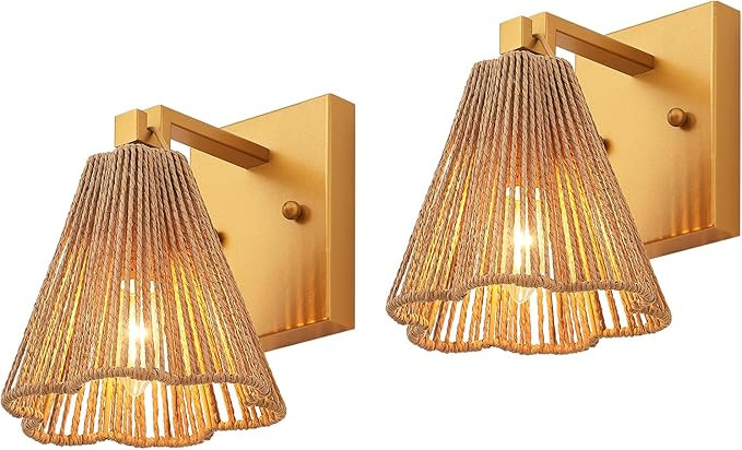 Set of 2 Wall Sconces Boho Hand Woven Rattan Wall Lights Brass Wall Lamp with Flower Wicker Shade... | Amazon (US)
