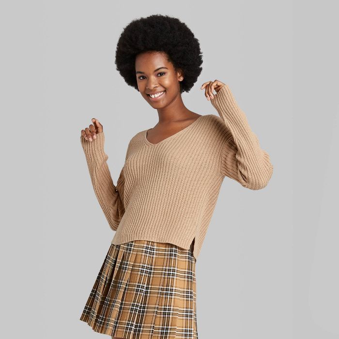 Women&#39;s V-Neck Rib Knit Pullover Sweater - Wild Fable&#8482; Taupe Brown XS | Target