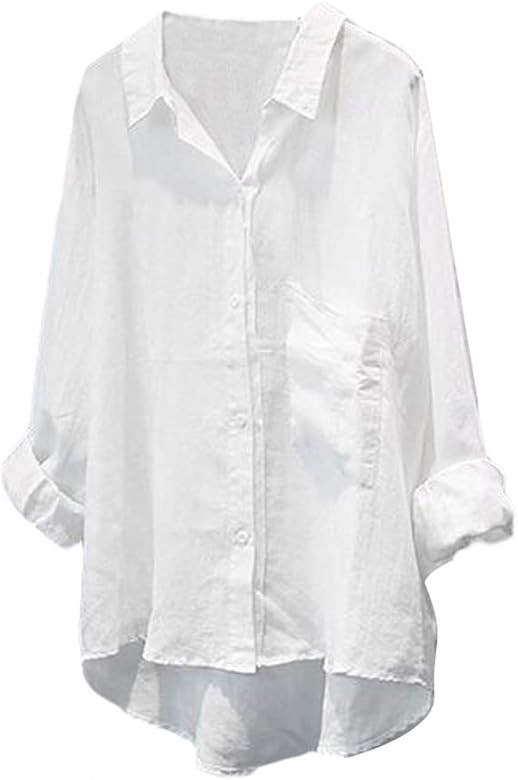 Minibee Women's Casual Cotton Linen Blouse Plus Size High Low Shirt Long Sleeve Tops | Amazon (US)