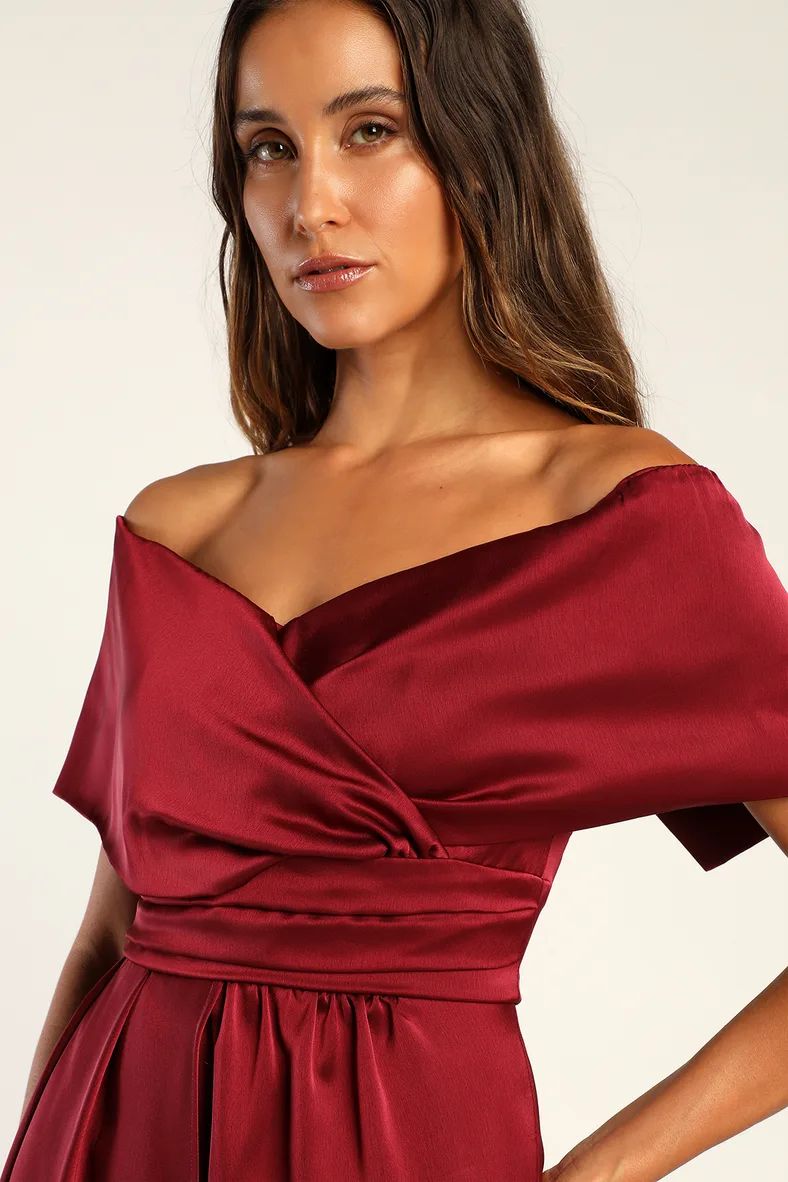 Always Celebrating Burgundy Satin Off-the-Shoulder Mini Dress | Lulus (US)