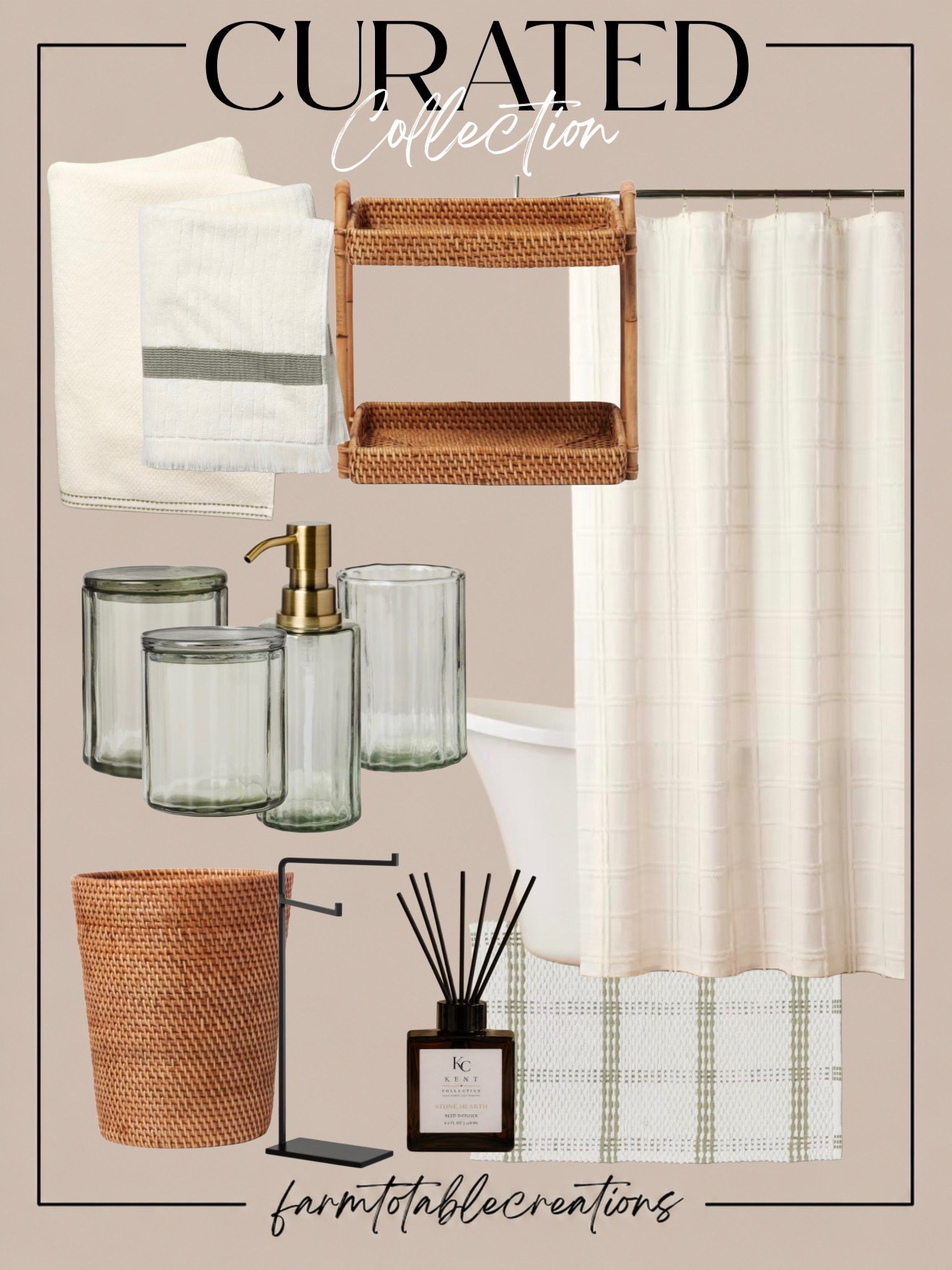 Curated Bathroom Collection 🤍🌿

A bathroom refresh is all about the little details, and this collection brings together warm woven textures, soft neutral linens, subtle sage accents, and timeless glass accessories for a space that feels calm, elevated, and beautifully put together.

Follow @farmtotablecreations on Instagram for more cozy home finds and trending decor.

I especially love the natural rattan paired with the soft green and cream palette—and finishing the space with a Kent Collective reed diffuser adds that cozy, welcoming touch. Simple swaps like fresh towels, a new shower curtain, bath mat, and countertop accessories can completely transform a bathroom without a full renovation.

#LTKHome #BathroomDecor #BathroomRefresh #HomeFinds #CuratedHome #CozyHome #NeutralHome #BathroomInspo #HomeDecor #OrganicModern #WarmNeutrals #HomeStyling #BathroomStyling #KentCollective #CozyHomeDecor

#LTKHome