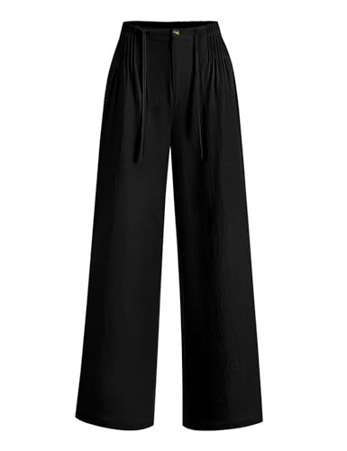 LOMON Women's Pants Cotton Linen Pants Elastic High Waisted Wide Leg Trousers Casual Loose Palazzo Slacks with Pockets Black | Amazon (US)