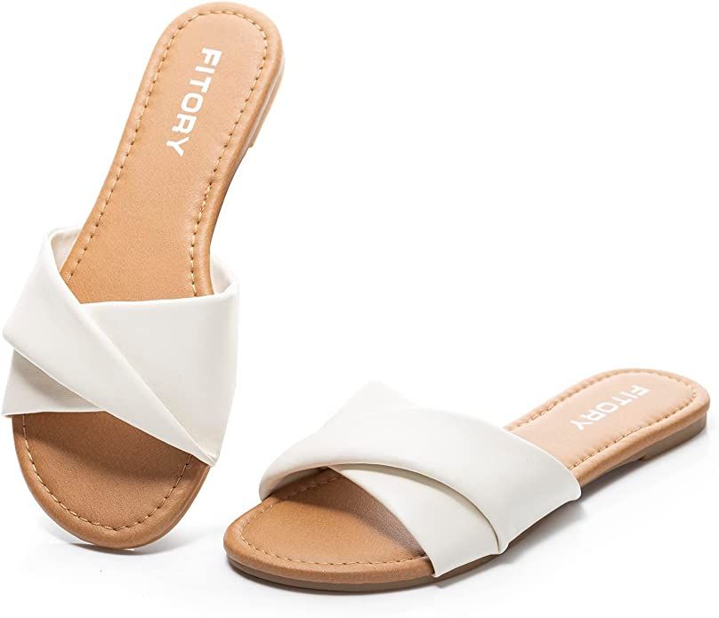 FITORY Women's Flat Sandals Fashion Slides With Soft Leather Slippers for Summer Size 6-11 | Amazon (US)