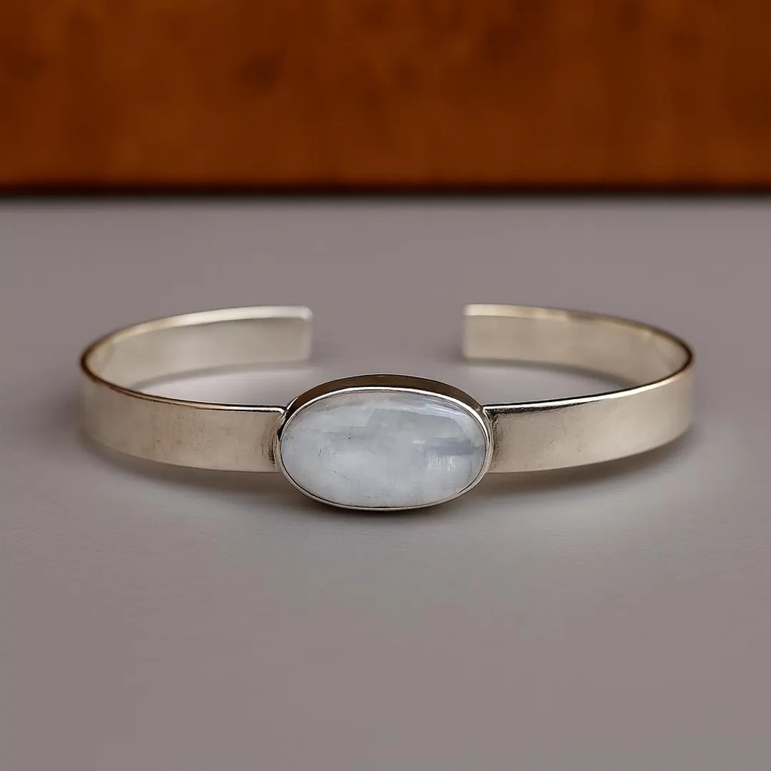 Oval Moonstone Sterling Silver Cuff Bracelet, Adjustable Bangle - Etsy | Etsy (US)