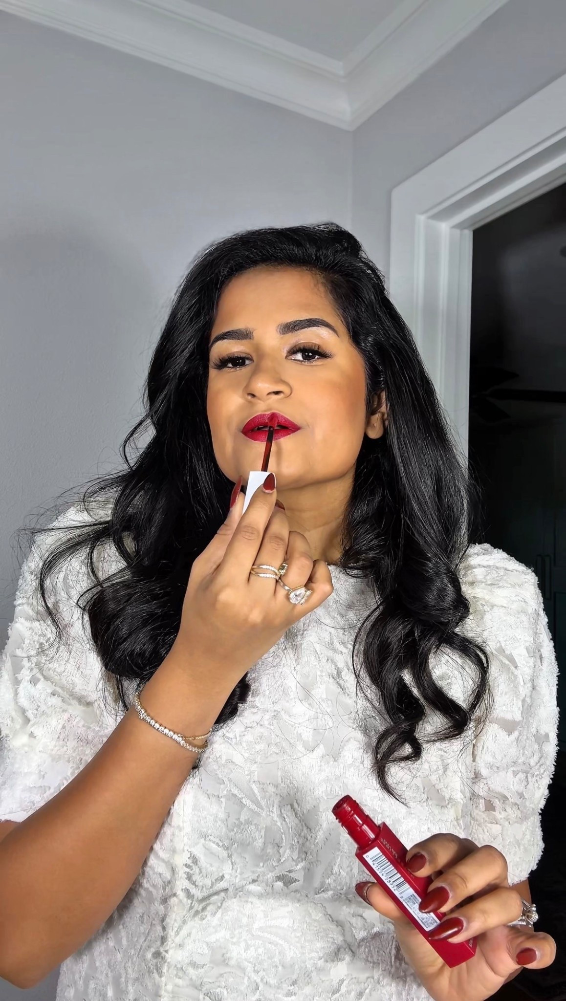 Full face of makeup glam featuring a bold red lip! 