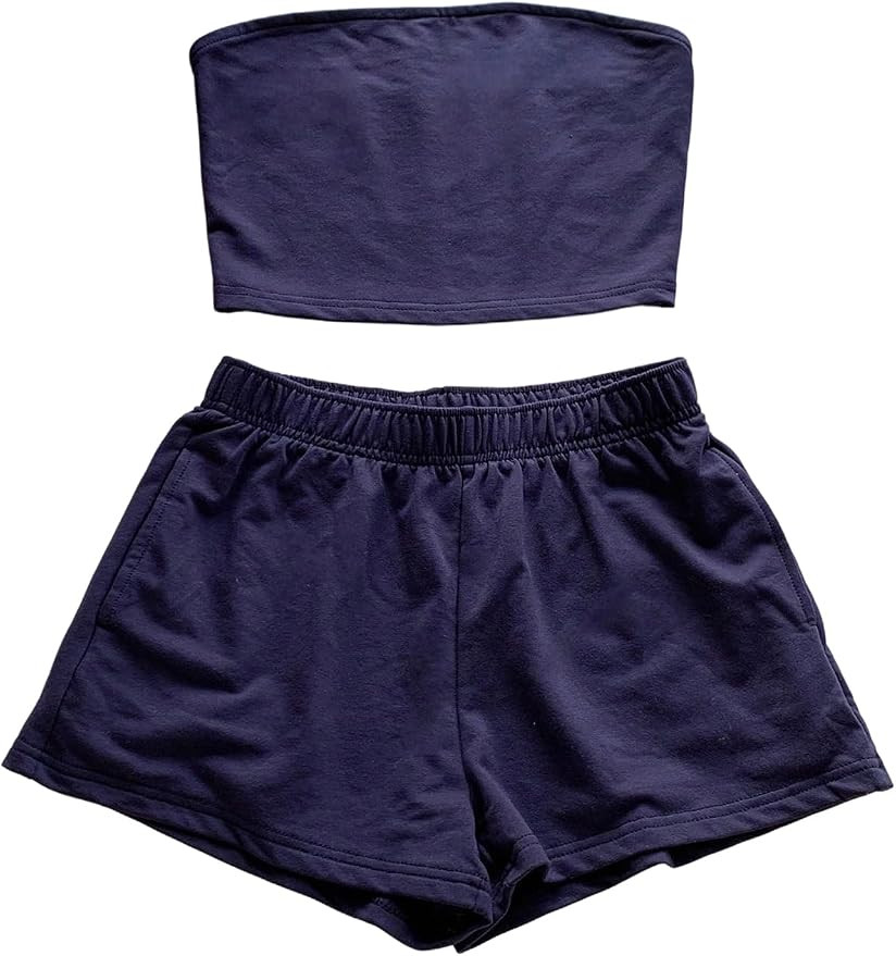 SOLY HUX Women's 2 Piece Summer Outfits Strapless Bandeau Crop Tube Tops and Shorts Casual Matchi... | Amazon (US)