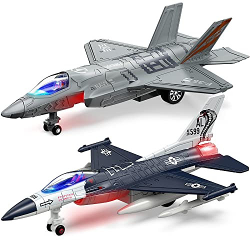 Geyiie Airplane Toys for Kids, Army Fighter Jet Diecast Plane Toys Helicopter for Boys Grils, Pull Back Airplanes with Light, Air Transport Toy Bomber Outdoor Gifts for Toddler Age 3-8 Gifts | Amazon (US)