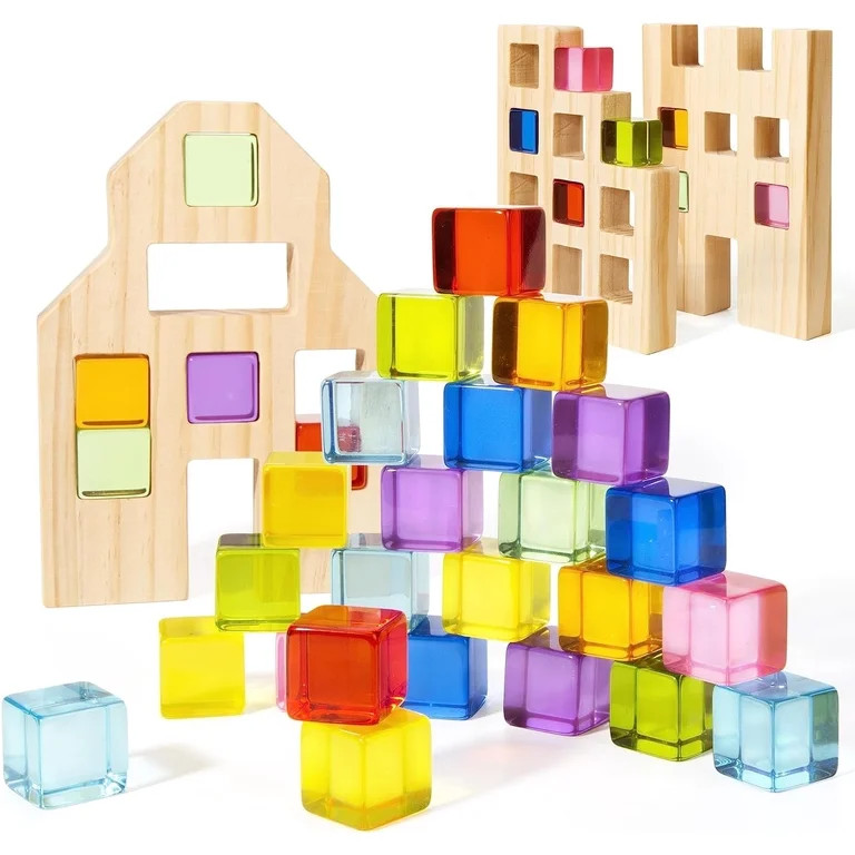 Woodtoe Wooden Building Blocks Set for Kids, 36 PCS Rainbow Acrylic Gem Cubes Blocks - 3 Wood Hou... | Walmart (US)