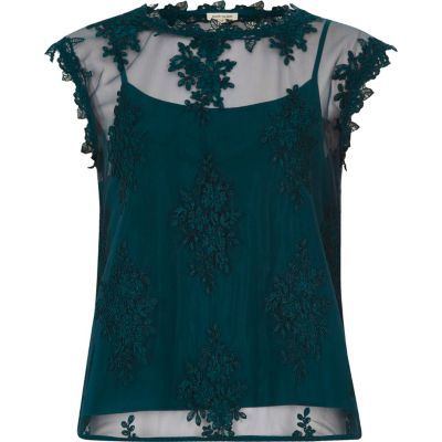 Green sleeveless lace and mesh top | River Island (US)