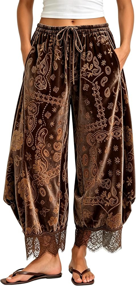 Womens Velvet Cropped Lace Hem Pants Floral Print Wide Leg Pants | Amazon (US)