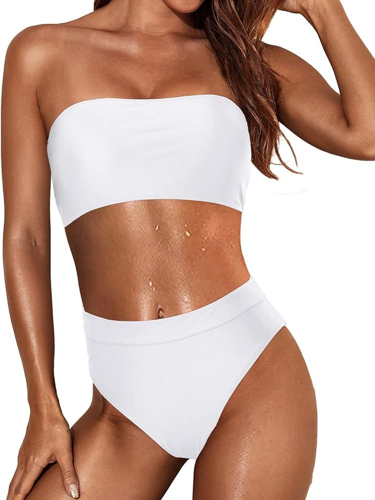 Tempt Me Women Two Piece Bandeau Swimsuit Cheeky High Waist Bikini Set High Cut Bathing Suits with B | Amazon (US)