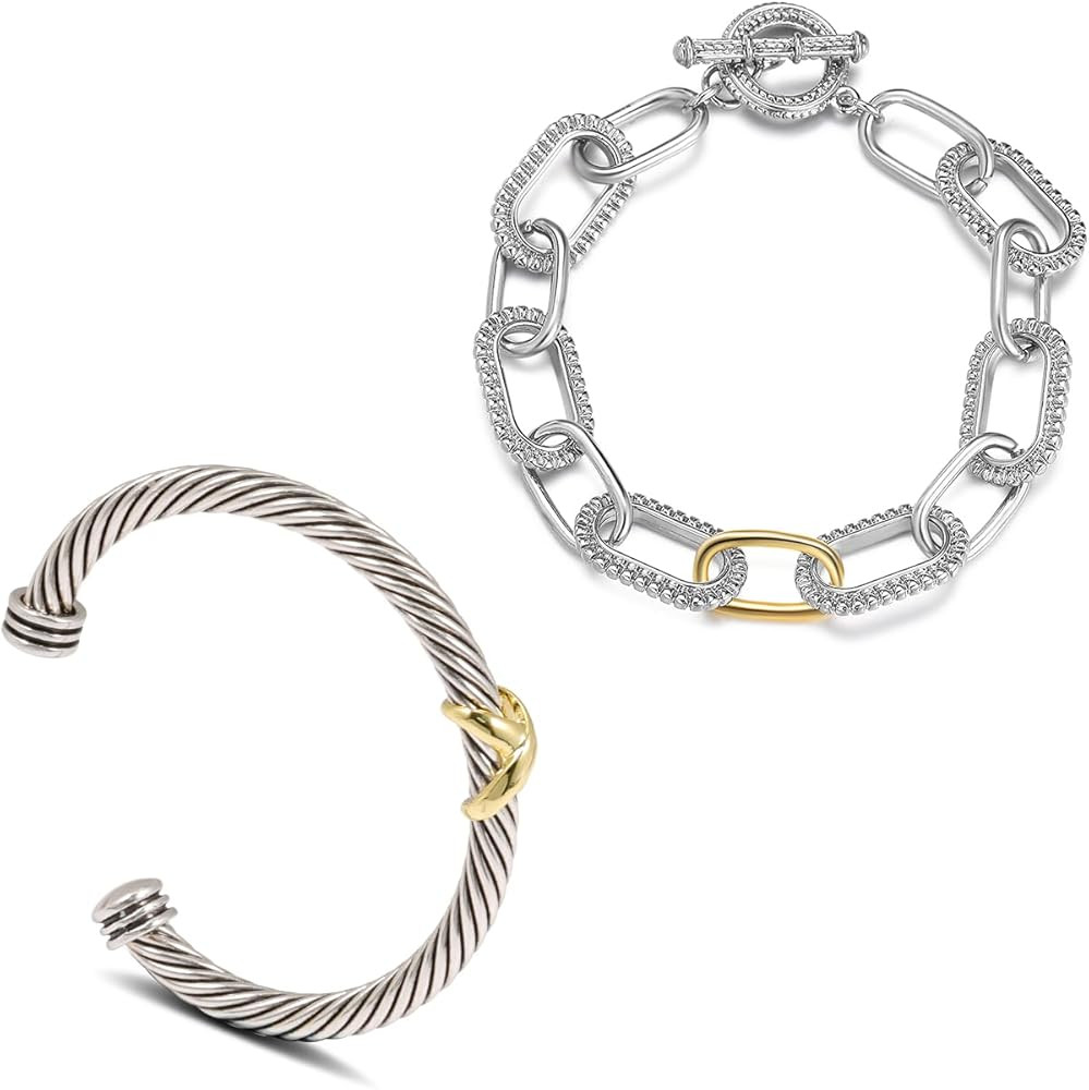 2PCS Twisted Cable Bracelet and Chain for Women Fashion Wire Cuff Bracelet Link Chain Adjustable ... | Amazon (US)