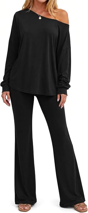 Fisoew Womens 2 Piece Lounge Sets Off Shoulder Long Sleeve Top Flared Pants | Amazon (US)