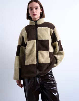 Topshop teddy checkerboard fleece jacket with quilted lining in brown and cream | ASOS (Global)