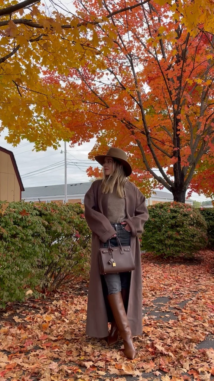 Classic fall outfit with @Janessa Leone wool hat, dark brown wool coat, gray skinny jeans, brown point toe stiletto boots