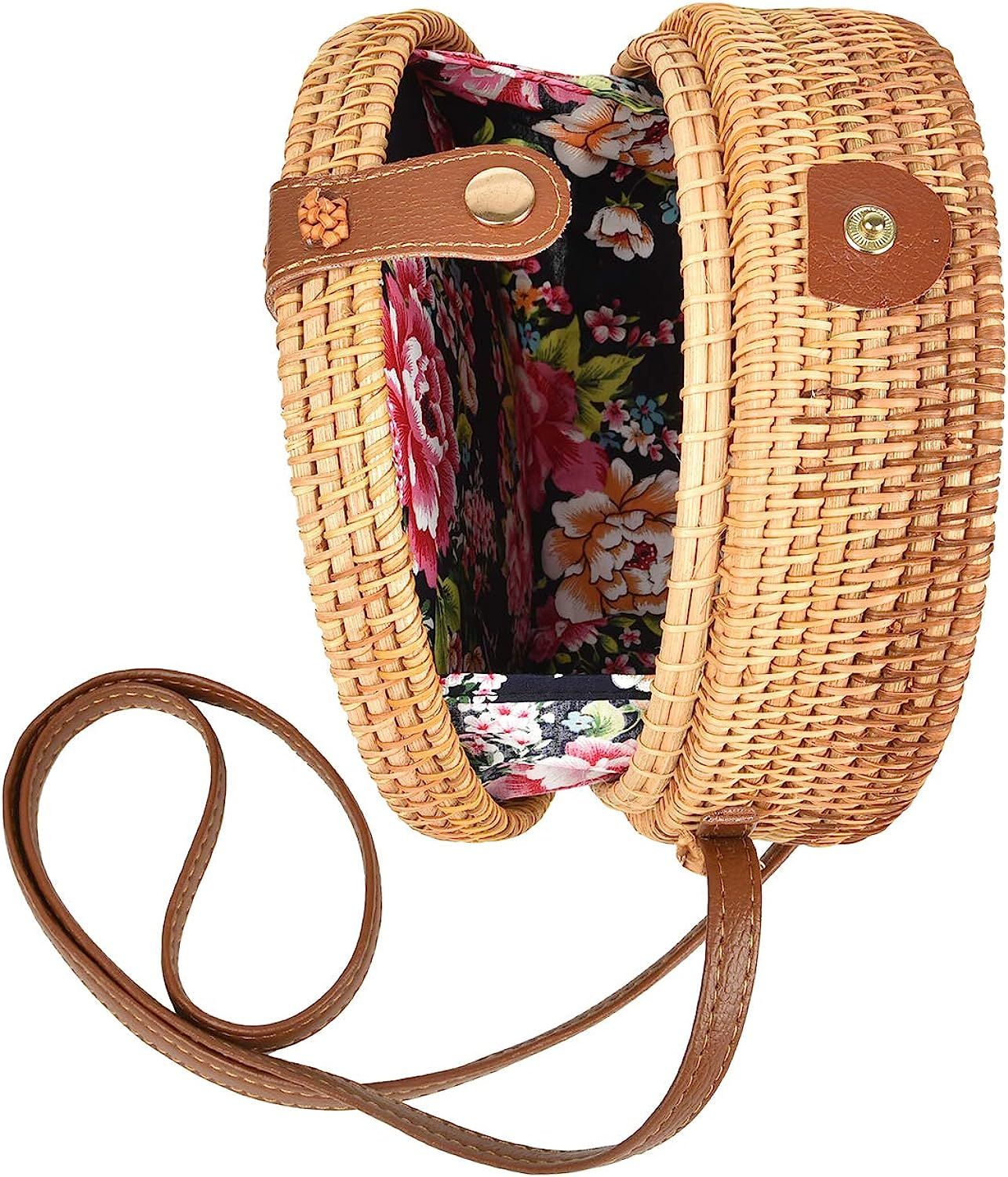 Handwoven Round Rattan Bag Tropical Beach Style Woven Shoulder Rattan Bag with Leather Strap | Amazon (US)