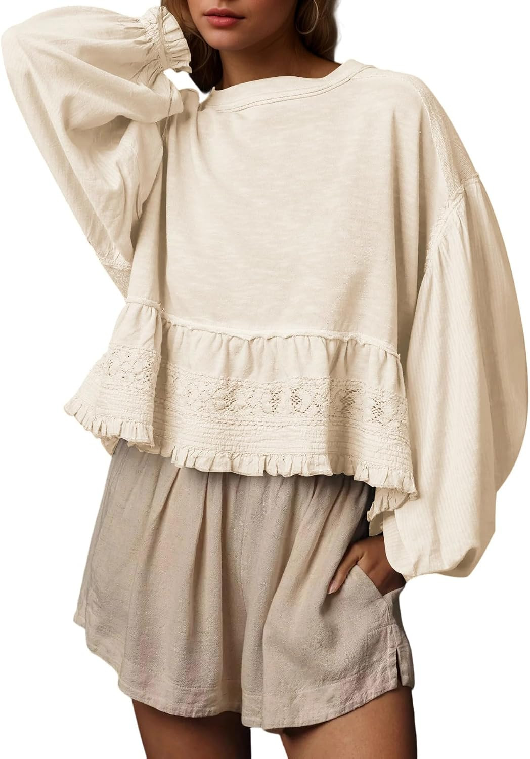 MISSACTIVER Women Oversized Crop Sweatshirts Crew Neck Long Puff Sleeve Lace Babydoll Top Casual Peplum Pullovers Tops | Amazon (US)