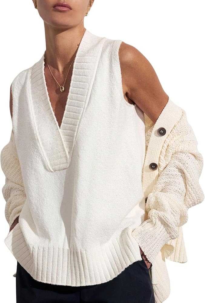 Daacee Women’s Sweater Vest Tops Loose Fit V Neck Knit Vest Trendy Ribbed Sleeveless Tank Tops | Amazon (US)