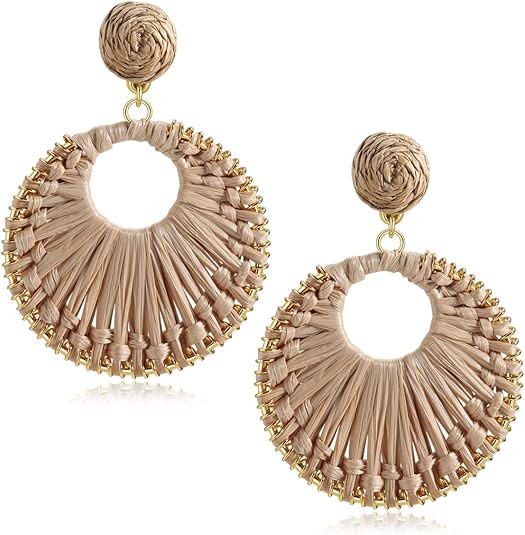 Statement Raffia Earrings for Women Girls - Boho Raffia Rattan Round Drop Earrings - Trendy Summe... | Amazon (US)
