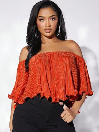 SHEIN SXY Off Shoulder Lettuce Trim Plisse Blouse | SHEIN