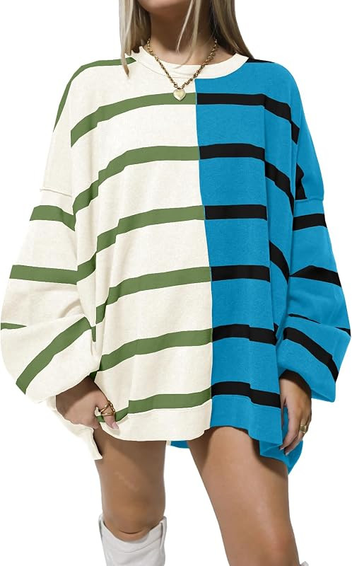 Fisoew Womens Striped Pullover Sweater Crew Neck Long Sleeve Knitted Color Block Casual Loose Lig... | Amazon (US)