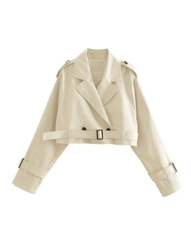 Xiaoxuemeng Womens Cropped Bike Jacket Casual Double Breasted Trench Coat with Belt (Beige-M) | Amazon (US)