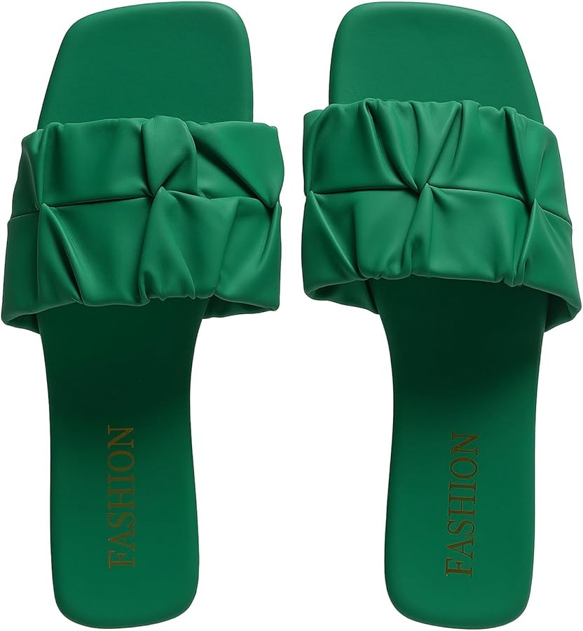 Women's Pleated Square Toe Slide Sandals, Trendy Flat Sandals with Open Toe, Lightweight Summer S... | Amazon (US)