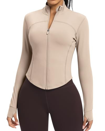 colorskin Women's Lightweight Zip Up Workout Jackets Yoga Cropped Running Gym Track Athletic Jacket with Thumb Holes(Almond,Medium) | Amazon (US)