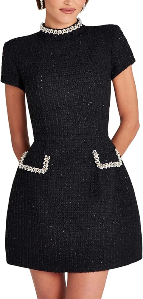 Pearls Square Neck Tweed Mini Dress Long Sleeve Short Prom Cocktail Pary Dress | Amazon (US)