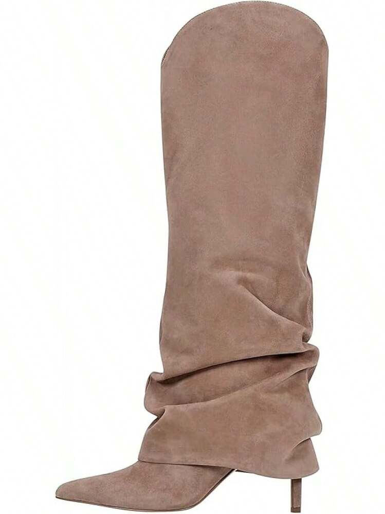 Fold Over Knee High Boots For Women Wide Calf Pointed Toe Tall Long Boot Stiletto High Heels Fall Pull Fashion Casual Dressy | SHEIN
