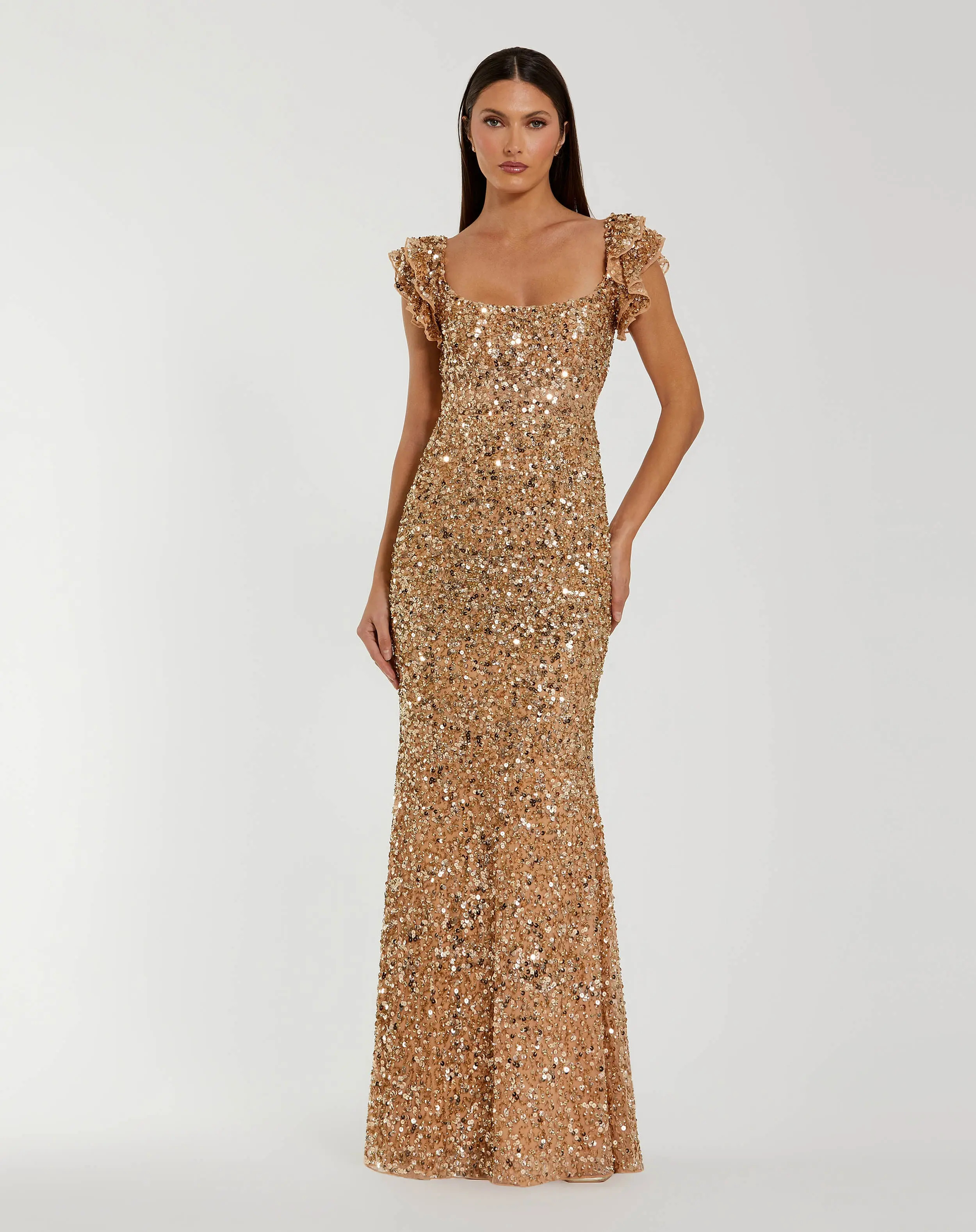 Gold Sequin Flutter Sleeve Trumpet Gown | Mac Duggal | Mac Duggal