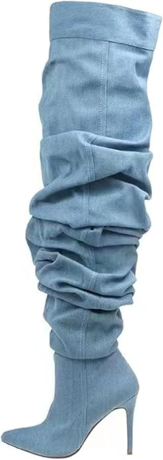 Tracieshoes Women’s Over-the-Knee Slouchy Denim Boots with 4.3" Stiletto Heel–Sexy Pointed To... | Amazon (US)