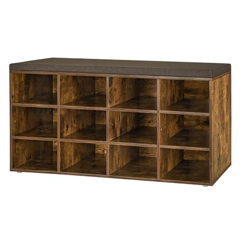 DINZI LVJ Shoe Storage Bench with Cushion, Cubby Shoe Rack with 12 Cubbies, Adjustable Shelves, Multifunctional Shoe Organizer Bench for Entryway, Mudroom, Hallway, Closet and Garage, Rustic Brown | Amazon (US)