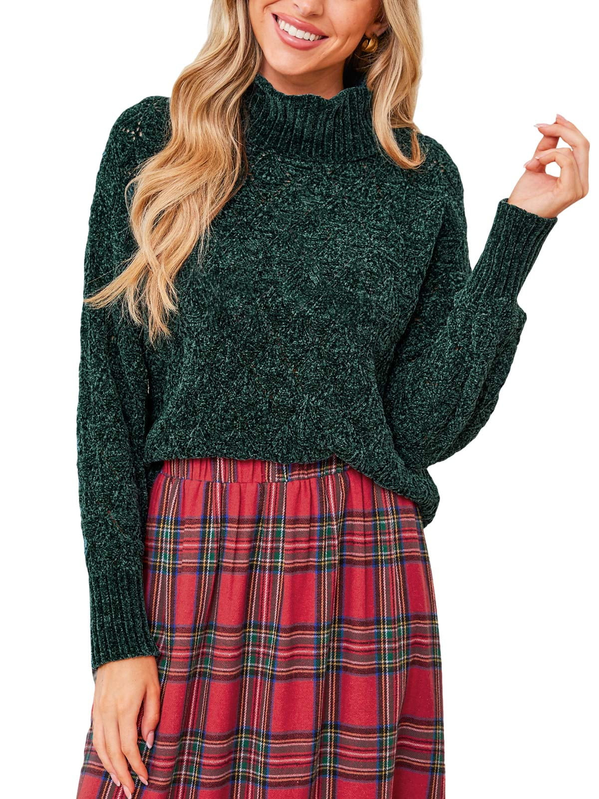 Cupshe Women's Casual Green Diamond-Stitched Turtleneck Sweater - Walmart.com | Walmart (US)