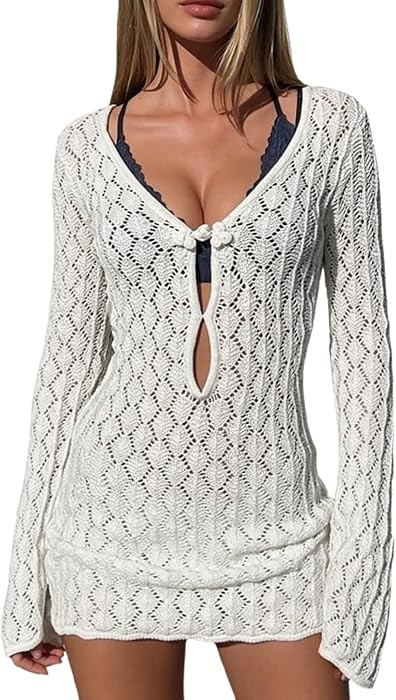 MakeMeChic Women's Beach Cover Ups for Swimwear Crochet Mini Dress | Amazon (US)