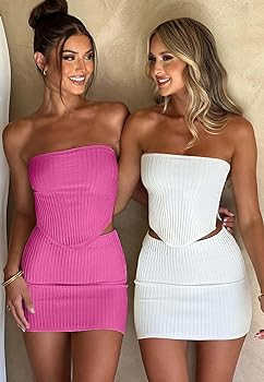 CHYRII Womens Sexy Summer Two Piece Outfits Bandeau Going Out Crop Tops Bodycon Skirt Sets Mini D... | Amazon (US)
